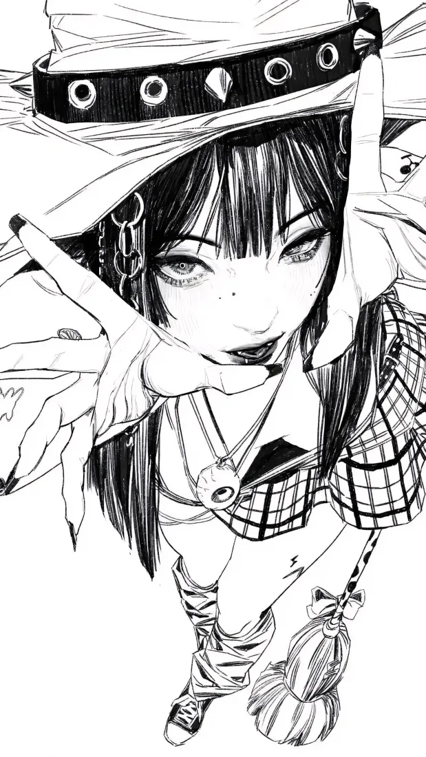 酷飒女巫手机壁纸｜黑白线稿背景图片 - 二次元少女「哲风壁纸」