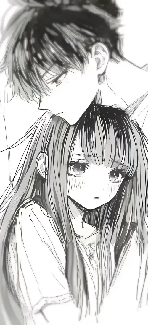 动漫情侣线稿手机壁纸｜黑白手绘背景图片 - 二次元「哲风壁纸」
