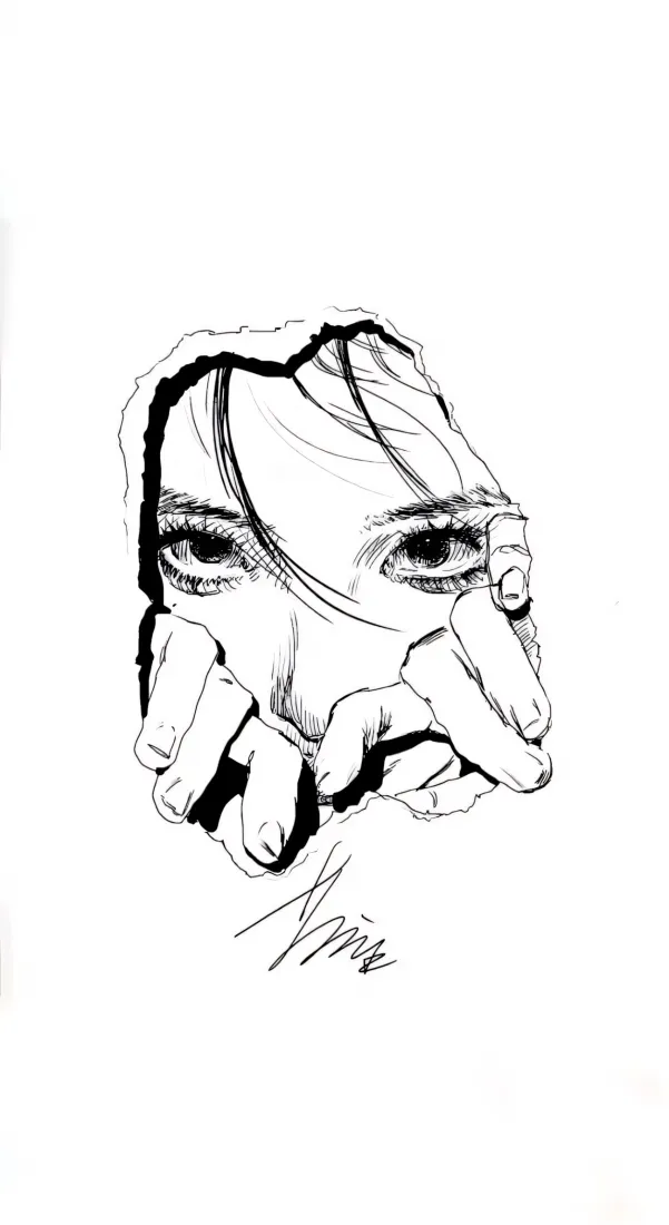 线稿人像手机壁纸｜手绘背景图片 - 眼睛特写「哲风壁纸」