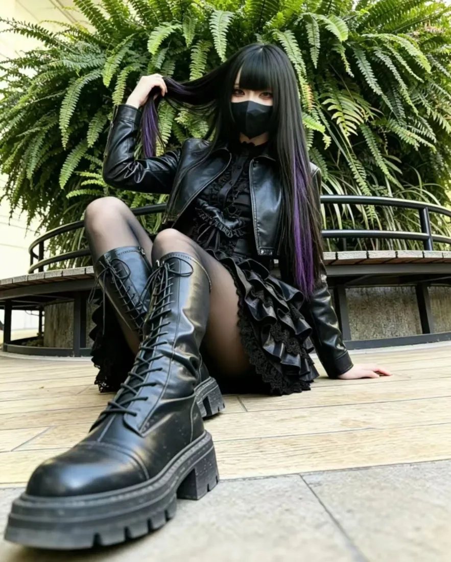 暗黑甜酷辣妹手机壁纸｜穿搭背景图片 - 黑丝靴子「哲风壁纸」