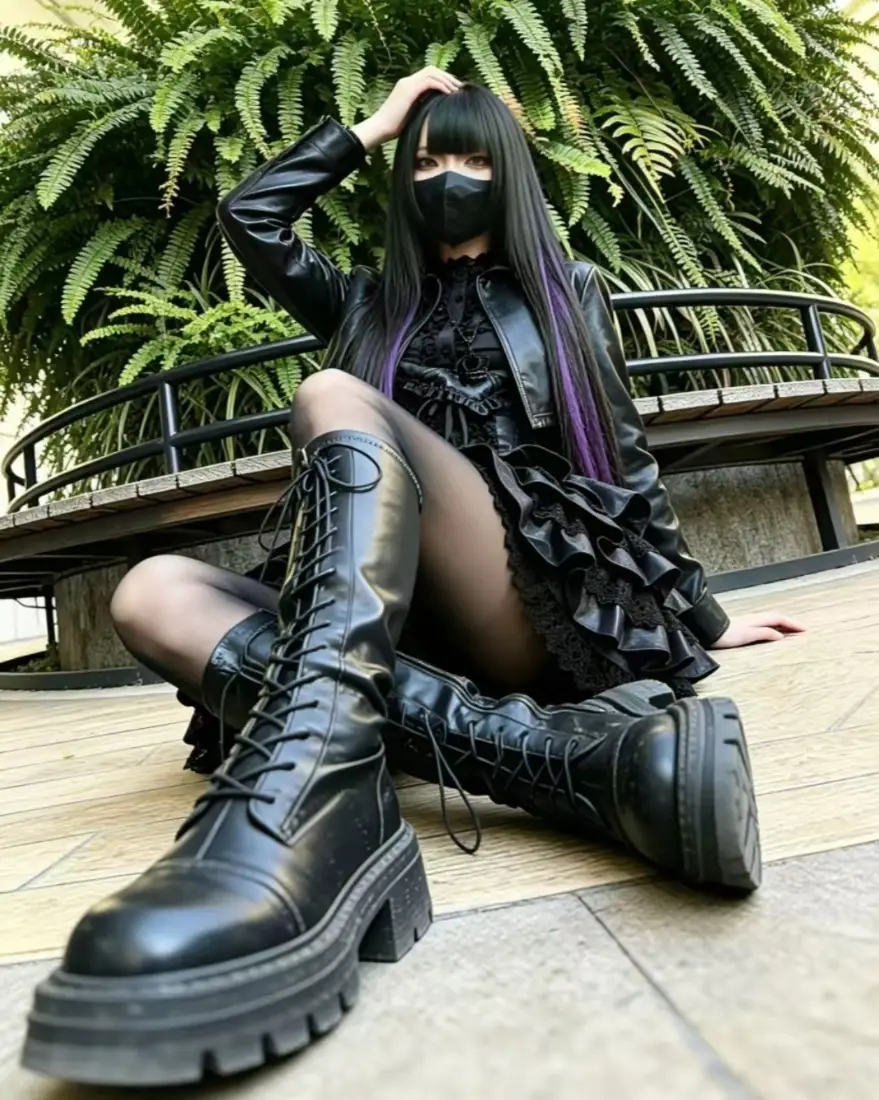 暗黑少女手机壁纸｜户外绿植背景图片 - 厚底靴「哲风壁纸」