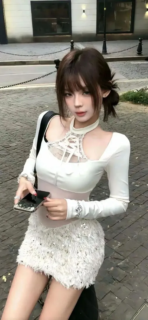 纯欲美女手机壁纸｜户外街拍背景图片 - 白蕾丝短裙「哲风壁纸」