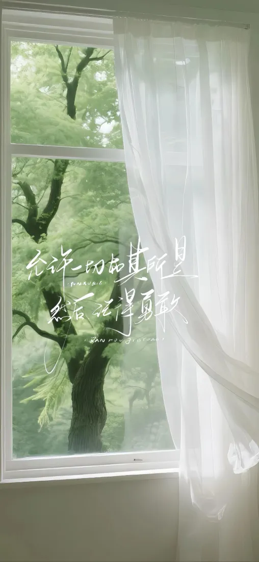 清新自然手机壁纸｜治愈背景图片 - 窗外绿荫文字「哲风壁纸」