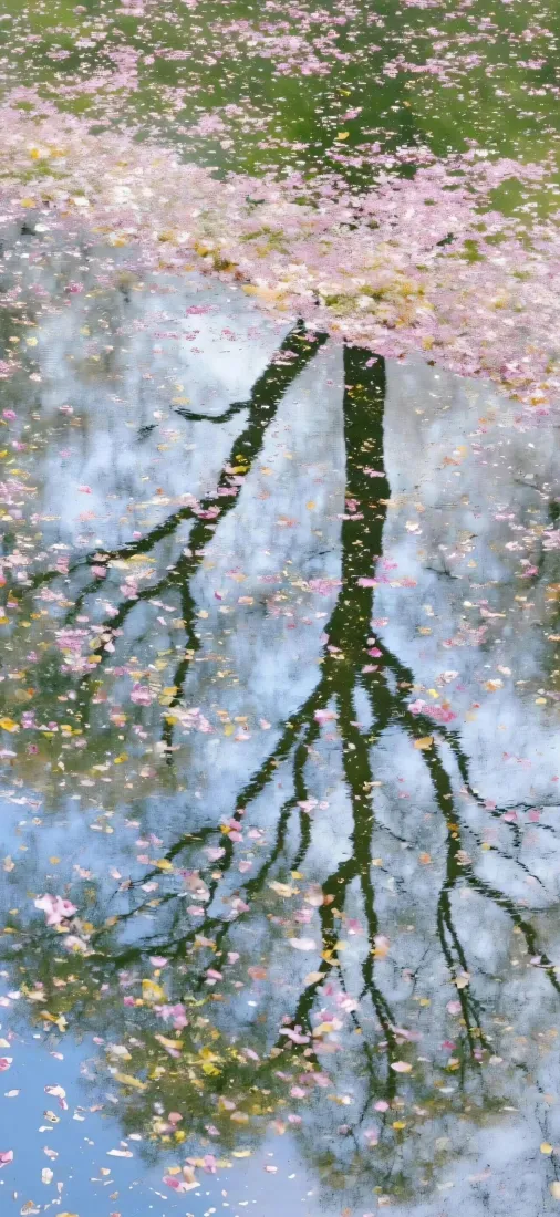 花树倒影手机壁纸｜春日水面背景图片 - 落英「哲风壁纸」