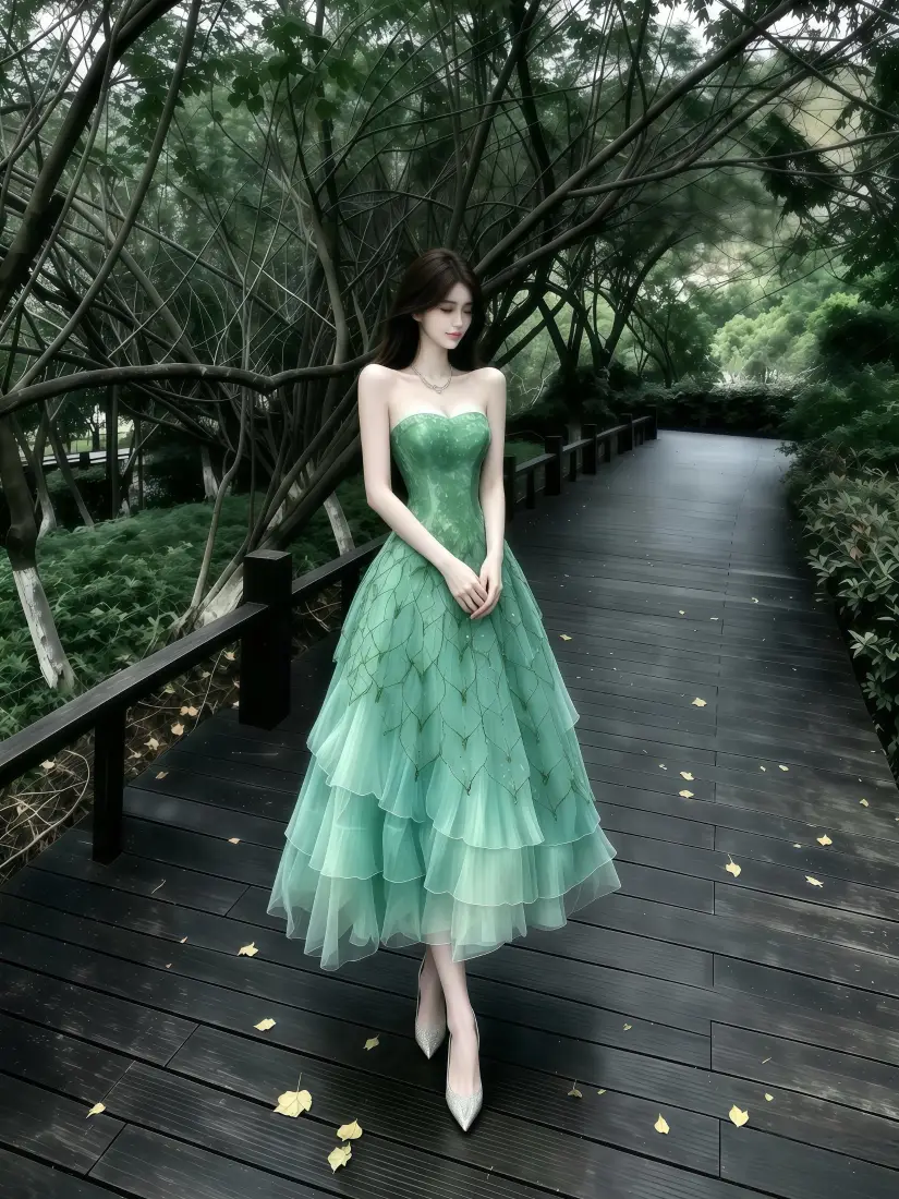 绿纱长裙美女手机壁纸｜林间步道背景图片 - 手机「哲风壁纸」