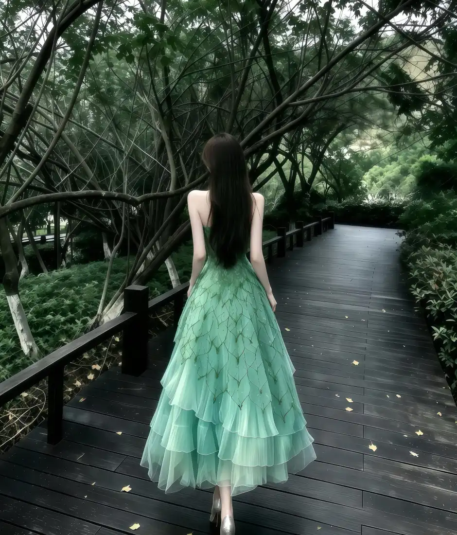 绿裙女生手机壁纸｜林间步道背景图片 - 氛围感背影「哲风壁纸」