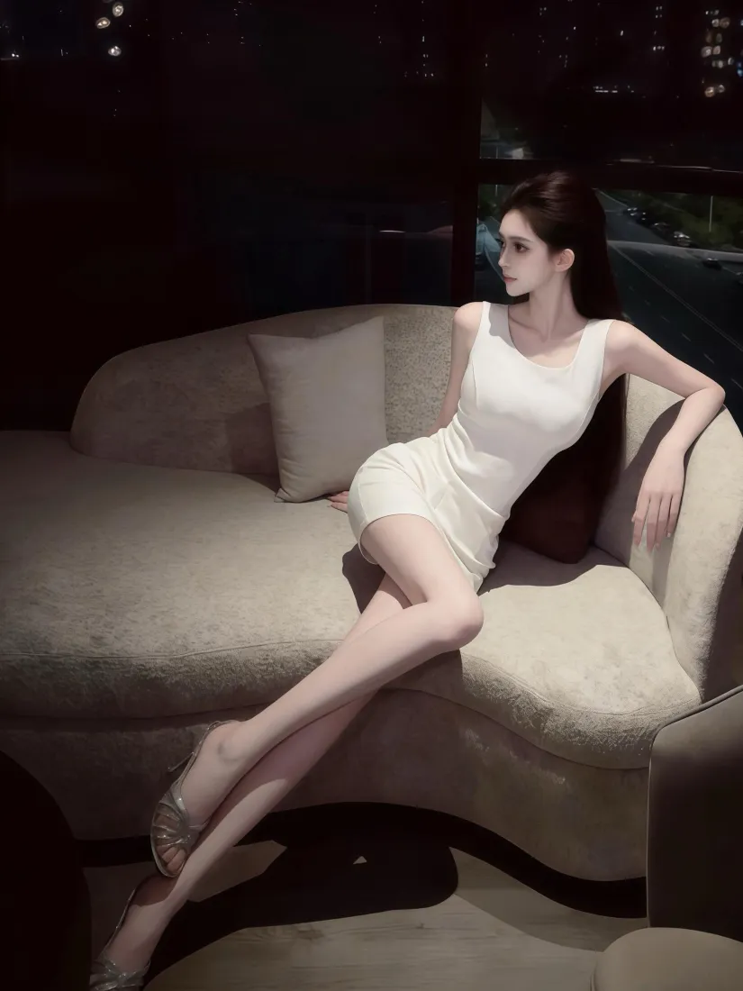 长腿美女手机壁纸｜夜晚室内背景图片 - 修身白裙「哲风壁纸」