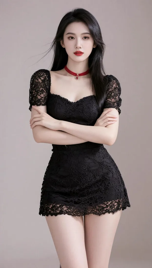 黑发美女手机壁纸｜纯色背景图片 - 性感蕾丝裙「哲风壁纸」