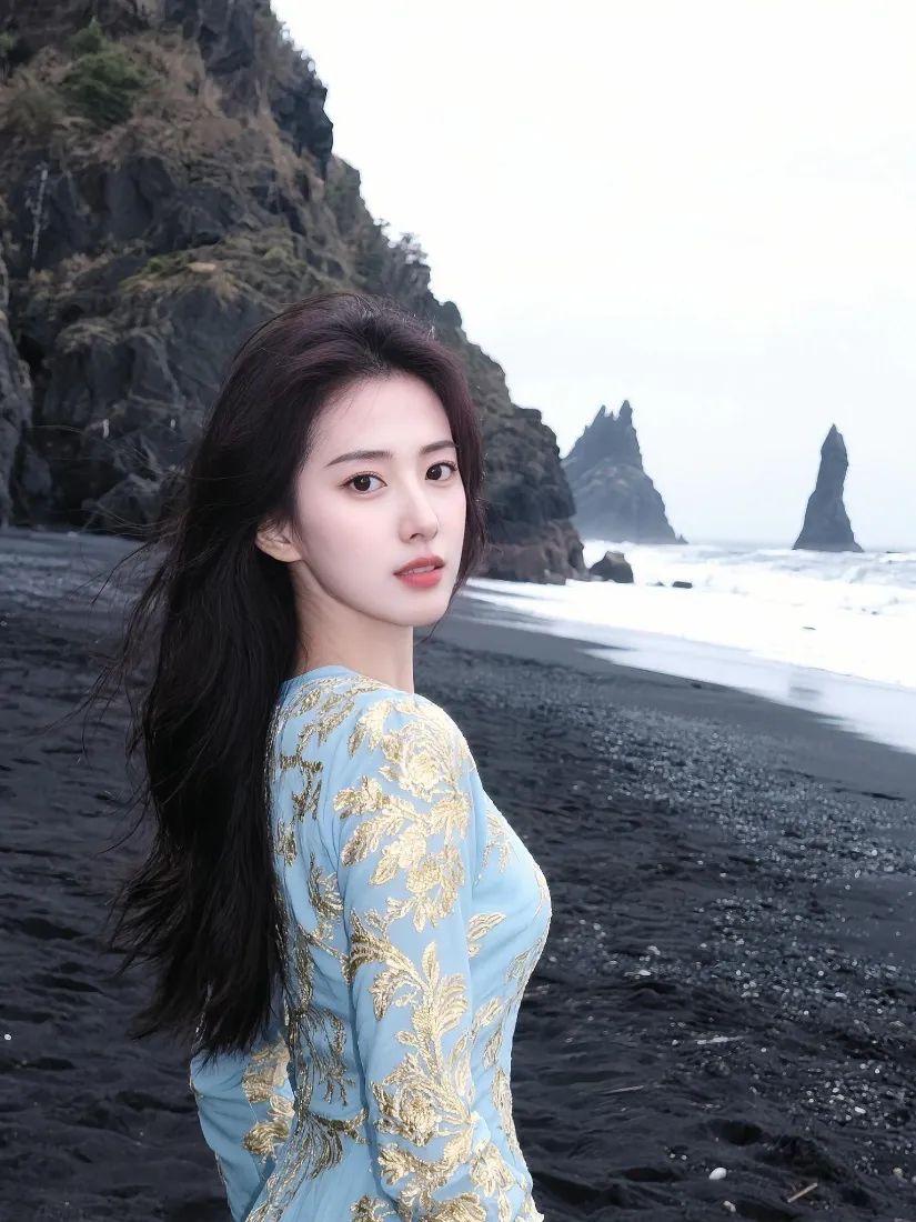 长发美女手机壁纸｜黑沙滩背景图片 - 海边写真「哲风壁纸」