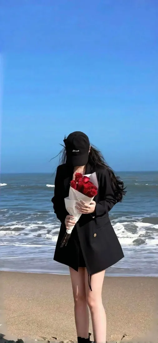 黑衣美女手机壁纸｜海边背景图片 - 红玫瑰「哲风壁纸」