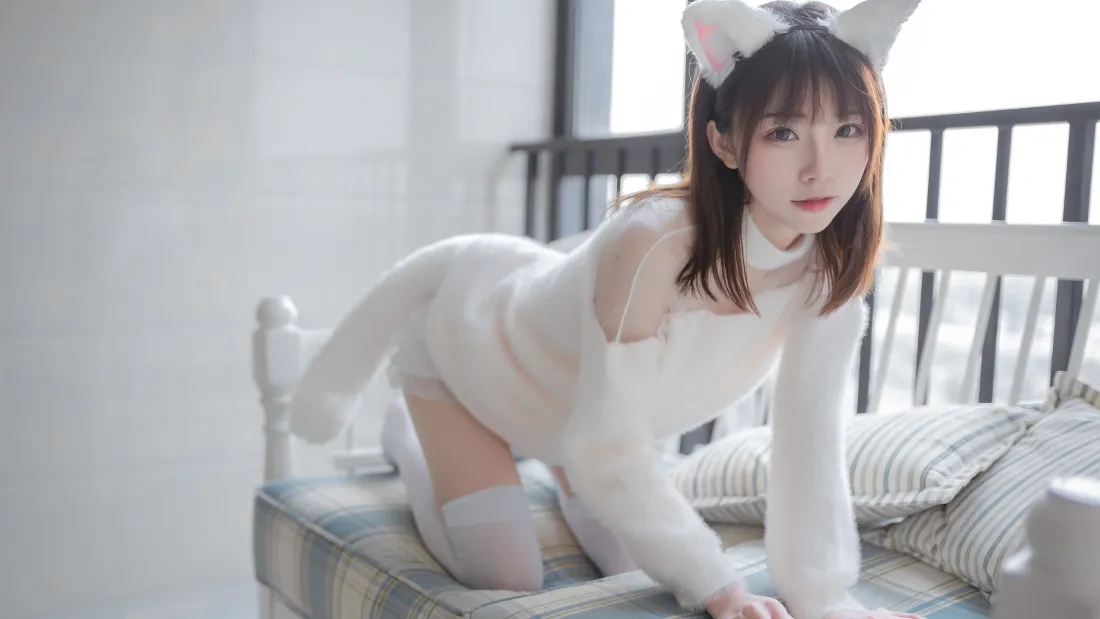 3k猫耳少女壁纸｜白色穿搭背景图片 - 居家写真「哲风壁纸」
