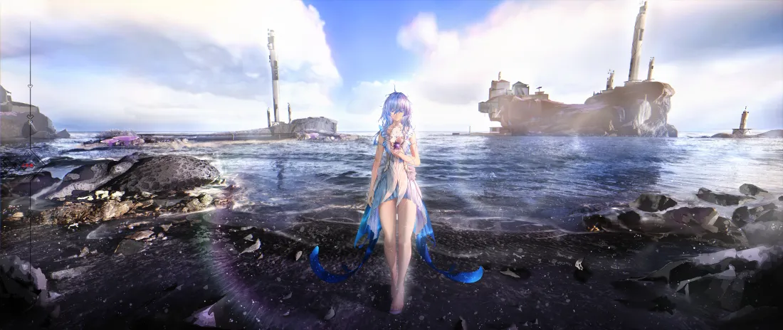 5k蓝发泳装少女壁纸｜海边废墟背景图片 - 二次元游戏「哲风壁纸」