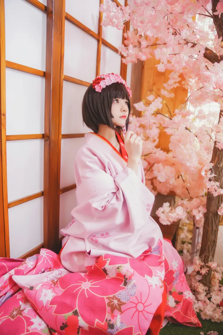 桜桃喵加藤惠手机壁纸｜樱花和服背景图片 - cosplay「哲风壁纸」