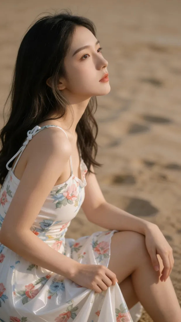 美女手机壁纸｜沙滩背景图片 - 碎花吊带裙「哲风壁纸」