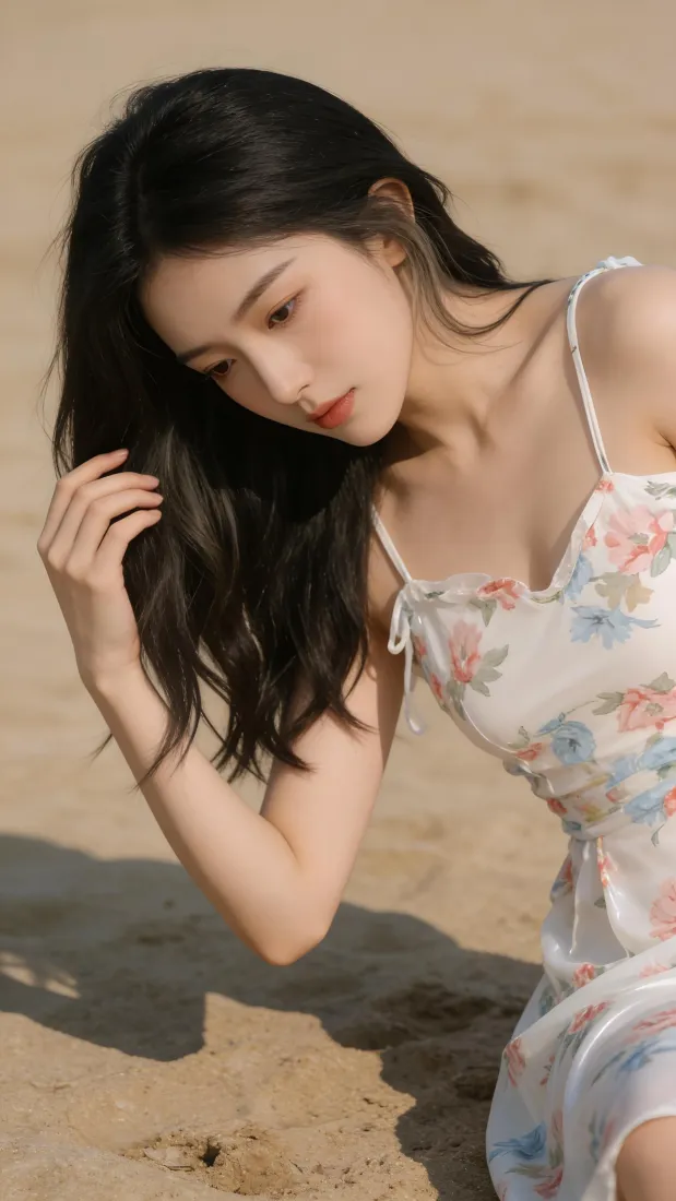 清新气质美女手机壁纸｜沙滩背景图片 - 碎花吊带裙「哲风壁纸」