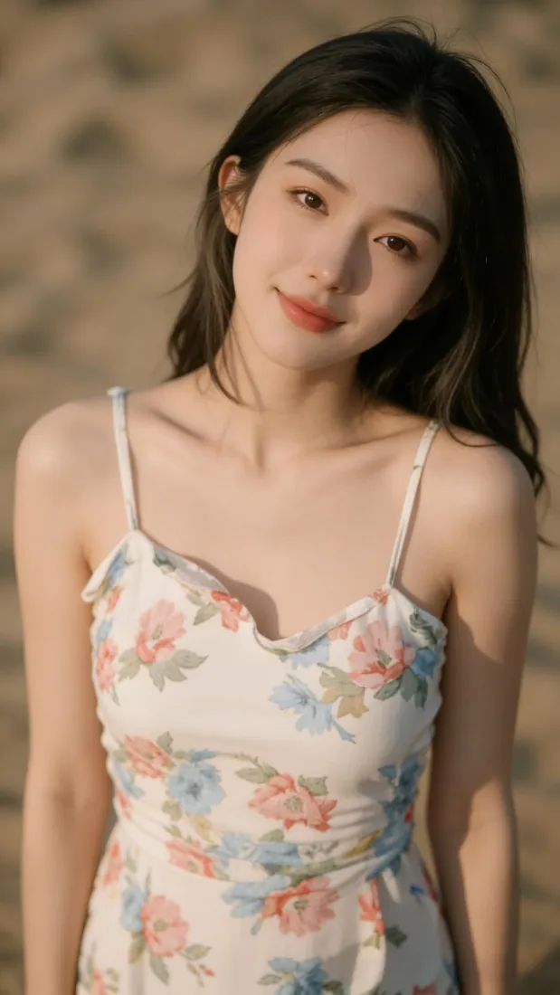 清纯美女手机壁纸｜沙滩背景图片 - 碎花吊带裙「哲风壁纸」