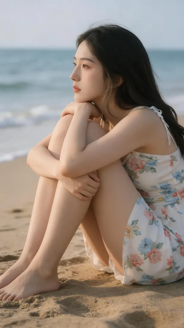 气质美女手机壁纸｜海边背景图片 - 碎花裙「哲风壁纸」