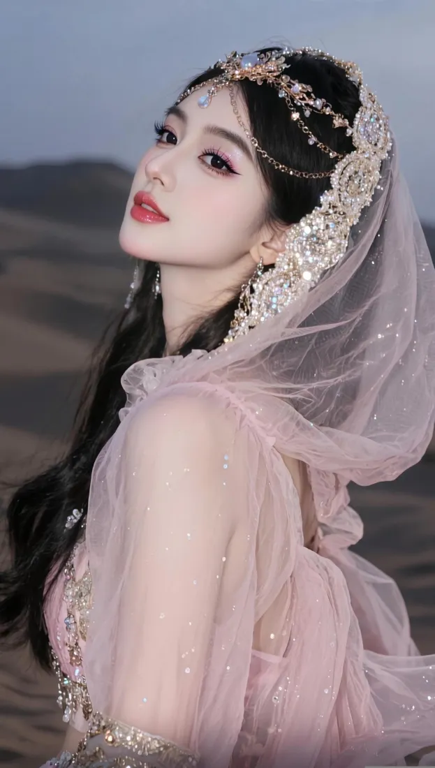 异域风情美女手机壁纸｜沙漠背景图片 - 粉纱头饰人像「哲风壁纸」