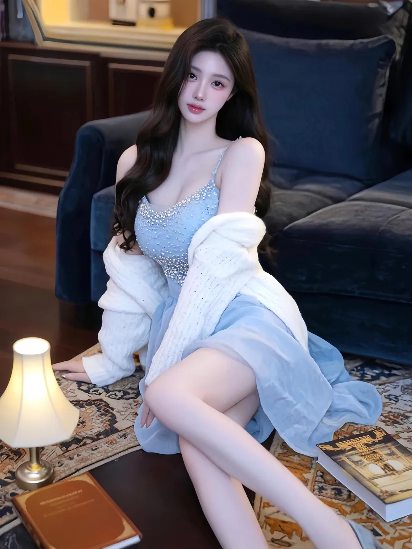 清纯美女手机壁纸｜居家背景图片 - 浅蓝吊带裙「哲风壁纸」