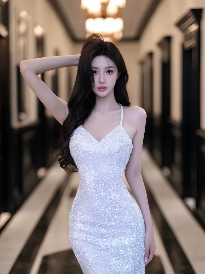 性感长发美女手机壁纸｜酒店走廊背景图片 - 白色吊带裙「哲风壁纸」