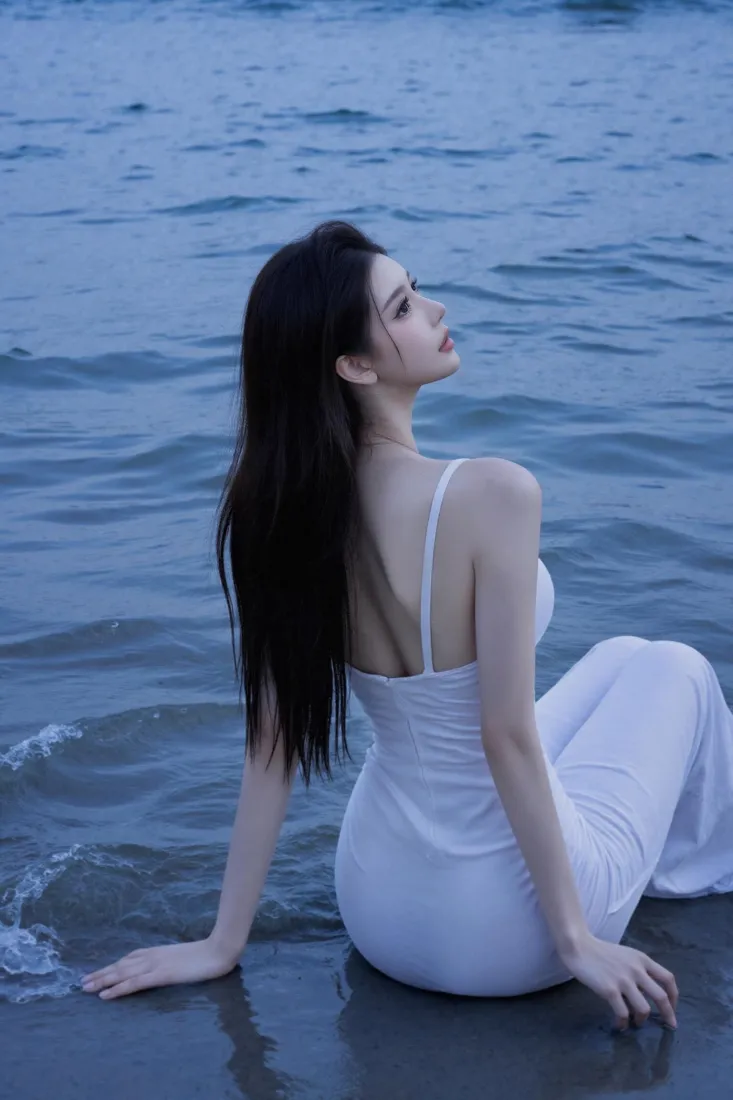 氛围感美女手机壁纸｜海边背景图片 - 蓝调傍晚「哲风壁纸」