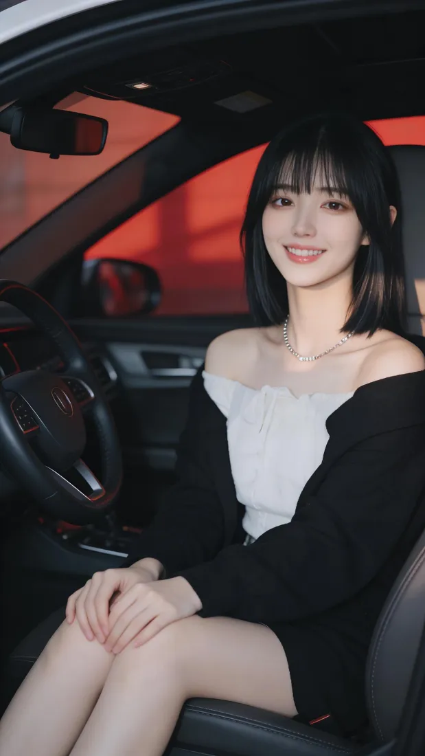 短发美女手机壁纸｜车内背景图片 - 甜妹露肩穿搭「哲风壁纸」