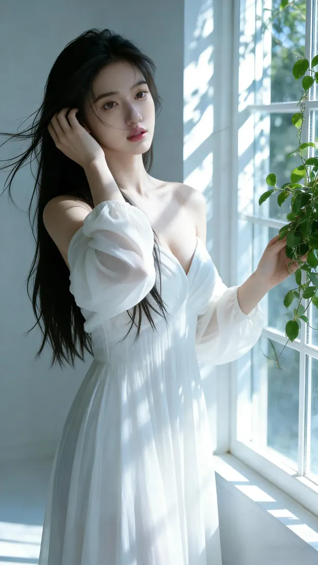 白衣美女手机壁纸｜清新窗边背景图片 - 温柔光影「哲风壁纸」