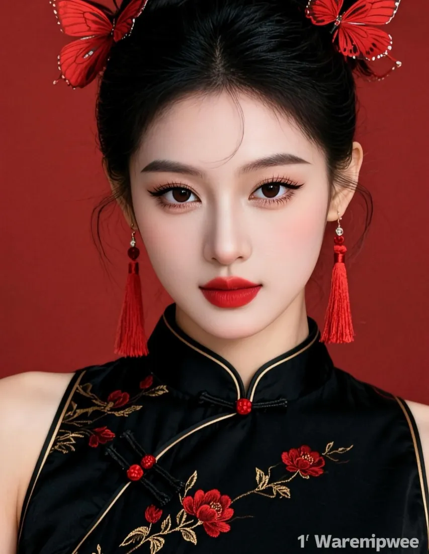 新中式旗袍手机壁纸｜红色背景图片 - 气质美女「哲风壁纸」