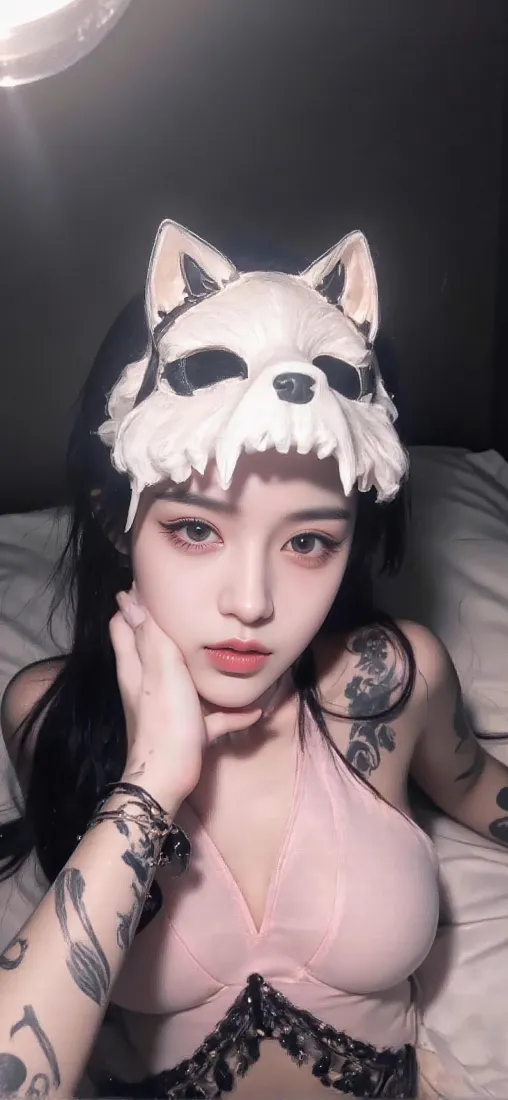 纹身美女手机壁纸｜暗调室内背景图片 - 猫耳头饰「哲风壁纸」