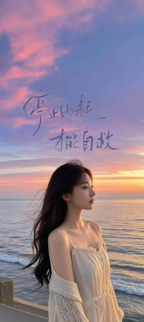 海边少女手机壁纸｜落日晚霞背景图片 - 温柔治愈「哲风壁纸」