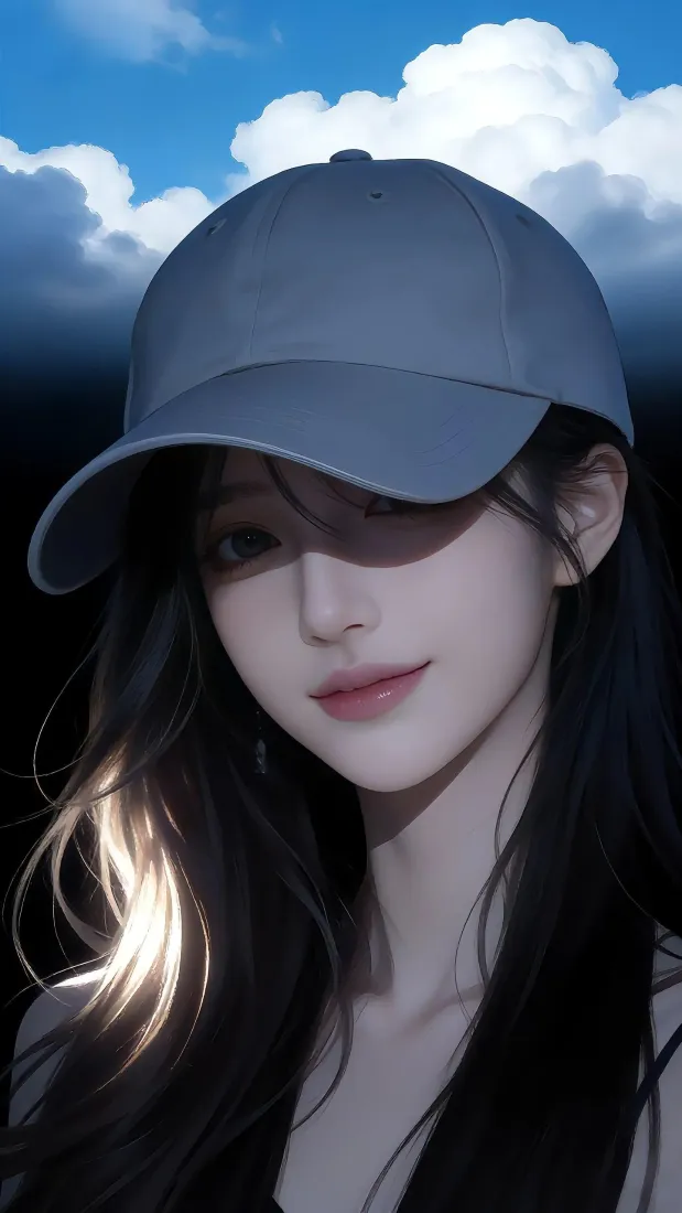 戴帽女生手机壁纸｜蓝天白云背景图片 - 手机「哲风壁纸」