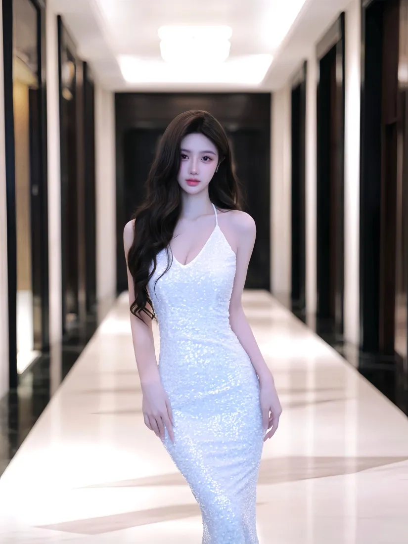 性感长发美女手机壁纸｜室内走廊背景图片 - 白色包臀裙「哲风壁纸」