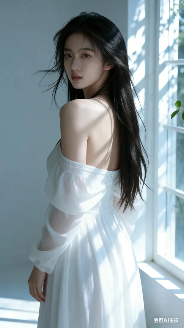 清冷长发女生手机壁纸｜窗边背景图片 - 氛围感白色长裙「哲风壁纸」