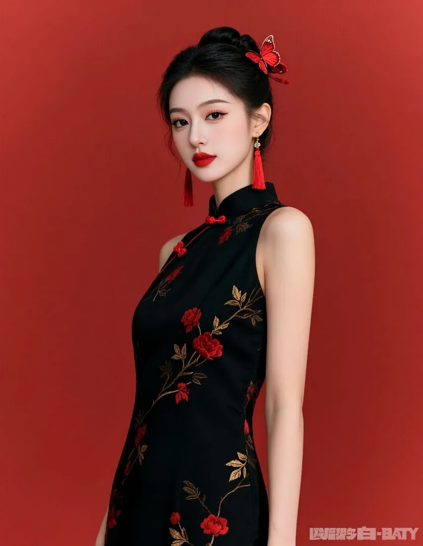 旗袍美女手机壁纸｜红色纯色背景图片 - 东方优雅「哲风壁纸」