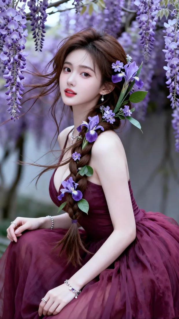 紫藤花少女手机壁纸｜森系户外背景图片 - 酒红连衣裙「哲风壁纸」