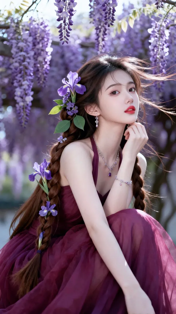 紫藤花美女手机壁纸｜户外背景图片 - 仙气少女「哲风壁纸」