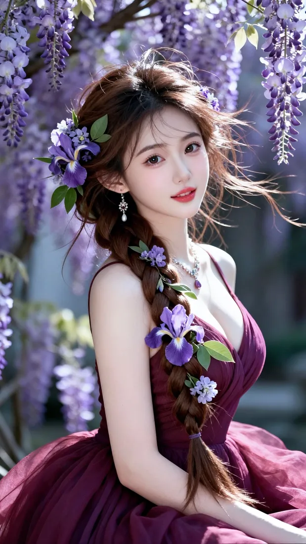 紫藤花少女手机壁纸｜户外写真背景图片 - 紫裙美女「哲风壁纸」