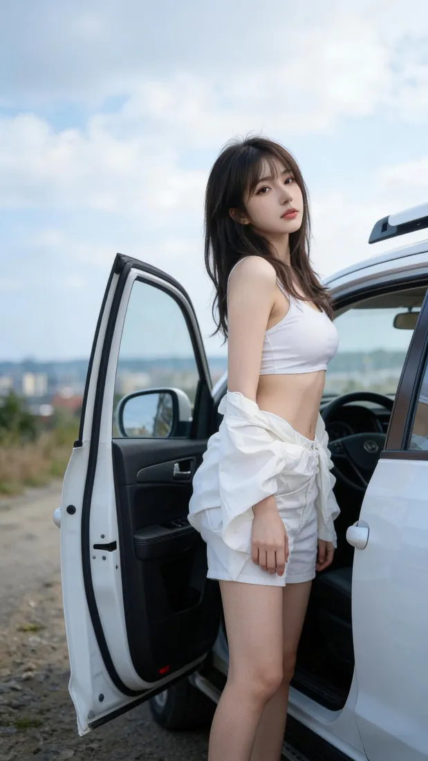 清纯美女手机壁纸｜户外背景图片 - 白色汽车「哲风壁纸」