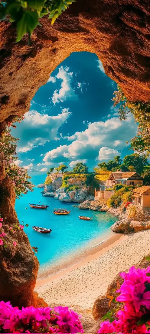 洞穴海景手机壁纸｜滨海小镇背景图片 - 蓝天沙滩「哲风壁纸」