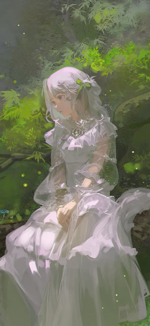 白发二次元少女手机壁纸｜清新林间背景图片 - 白纱裙「哲风壁纸」