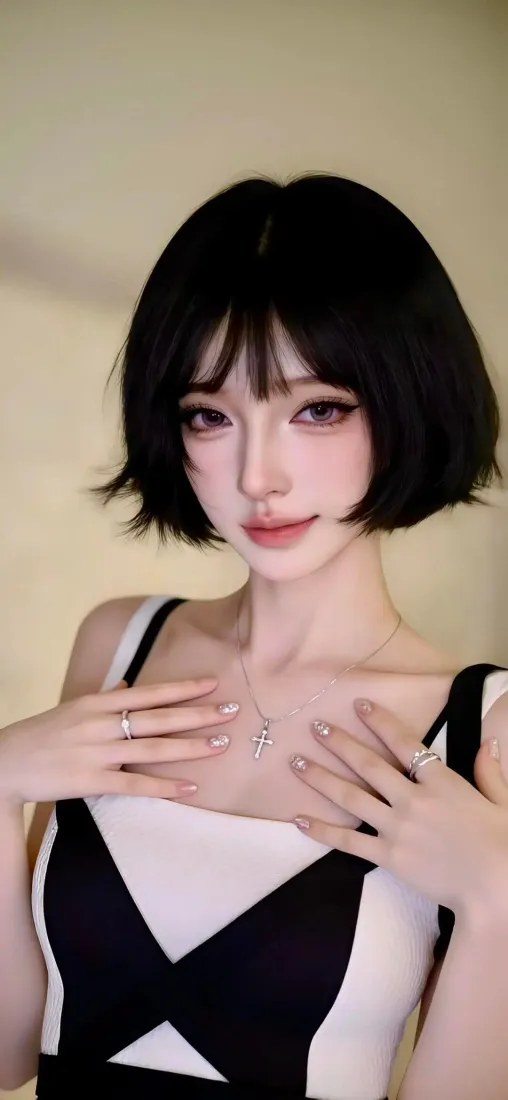 短发美女手机壁纸｜简约背景图片 - 精致人像「哲风壁纸」