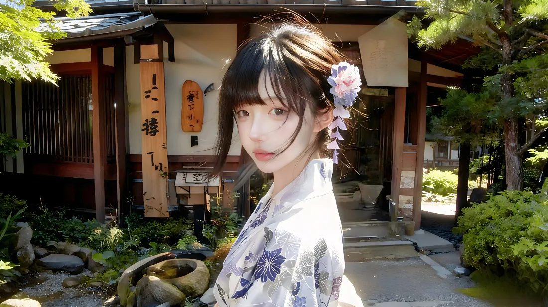 4k日系和服美女壁纸｜庭院绿植背景图片 - 清新少女「哲风壁纸」