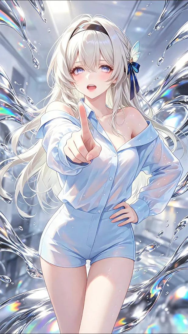 银发二次元少女手机壁纸｜手机背景图片 - 浅蓝琉璃背景「哲风壁纸」