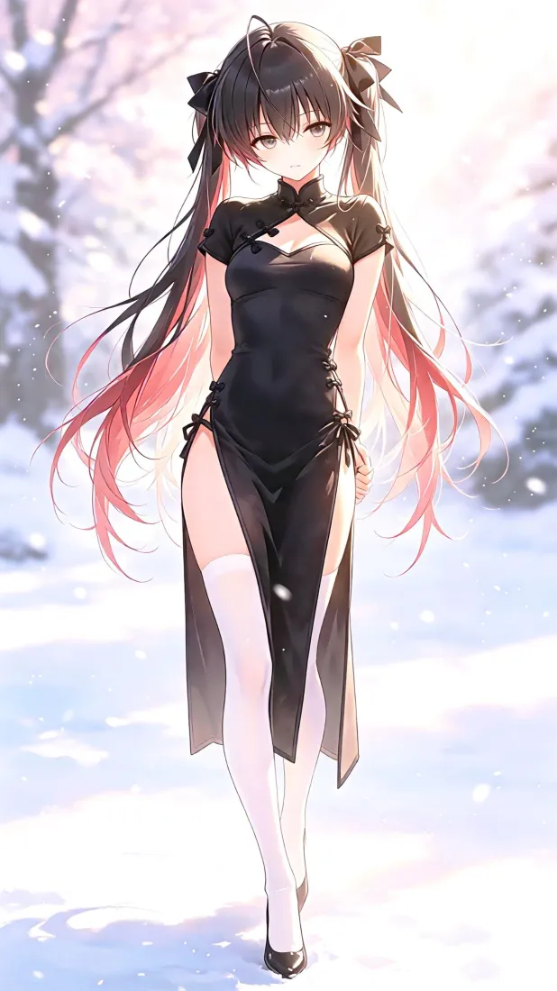 黑旗袍双马尾少女手机壁纸｜冬日雪地背景图片 - 二次元「哲风壁纸」