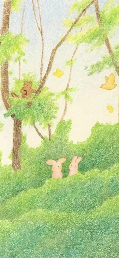 春日森林手机壁纸｜清新背景图片 - 小熊与兔子「哲风壁纸」