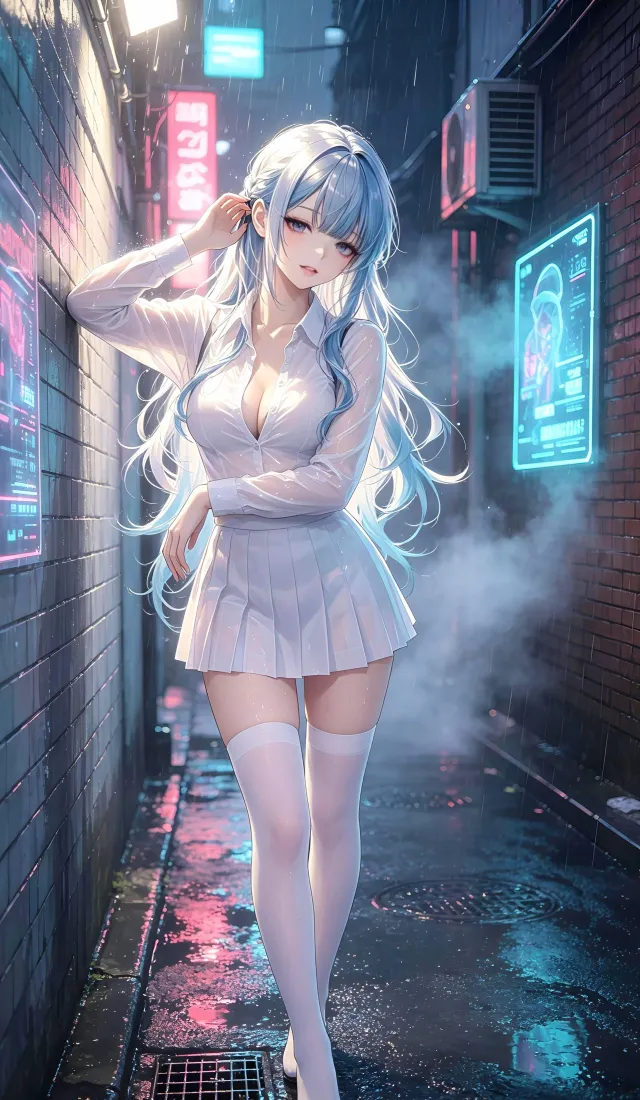 蓝发少女手机壁纸｜雨夜街巷背景图片 - 手机「哲风壁纸」