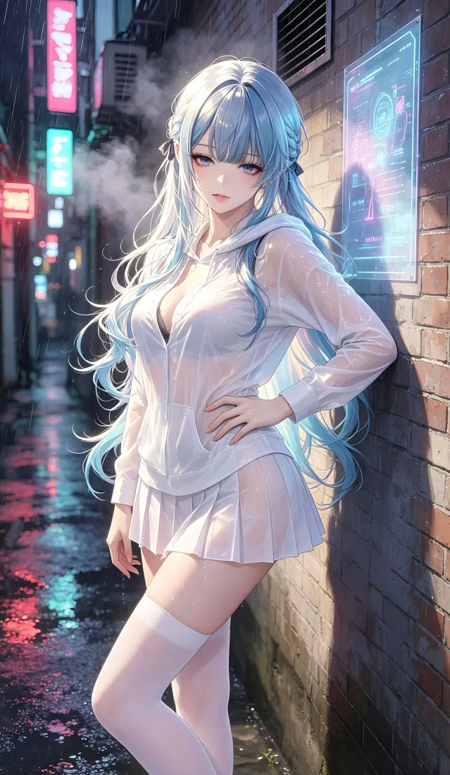 蓝发少女手机壁纸｜都市街头背景图片 - 雨夜「哲风壁纸」