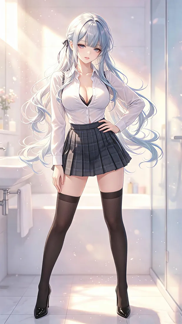 蓝发少女手机壁纸｜手机背景图片 - 制服黑丝「哲风壁纸」