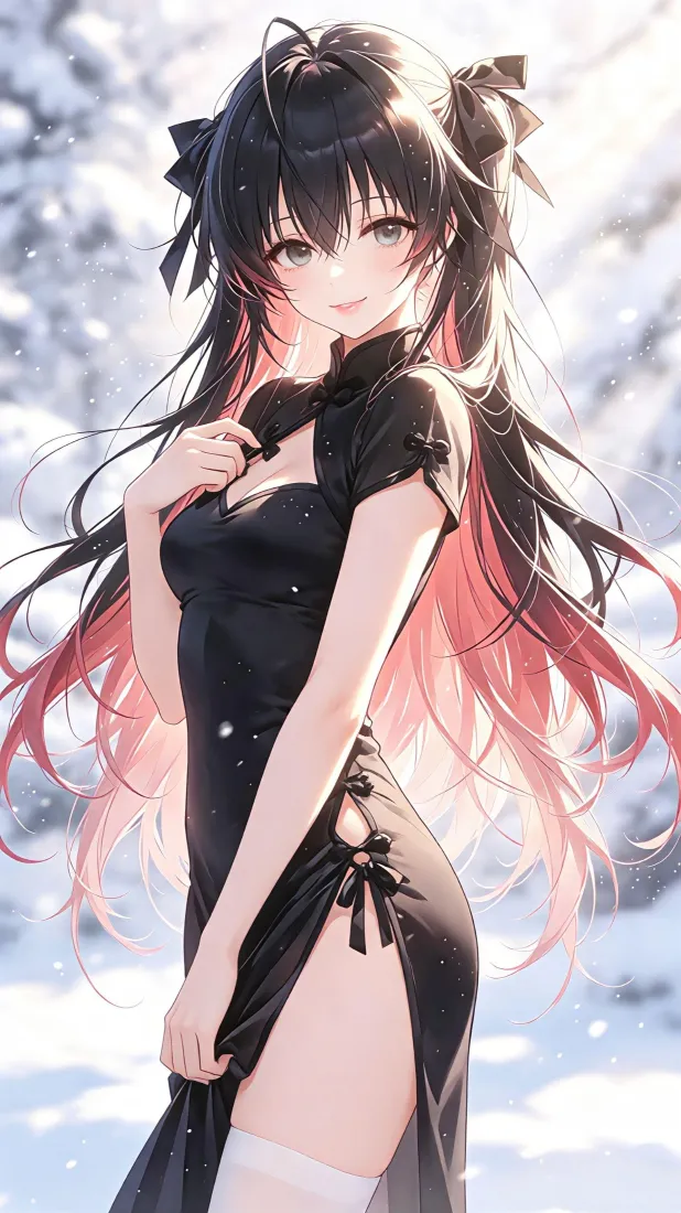 动漫少女手机壁纸｜冬日雪景背景图片 - 黑旗袍「哲风壁纸」