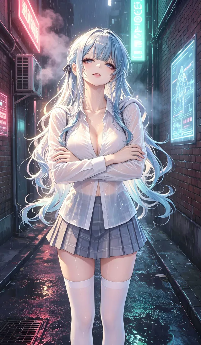 蓝发JK少女手机壁纸｜手机背景图片 - 霓虹街巷「哲风壁纸」